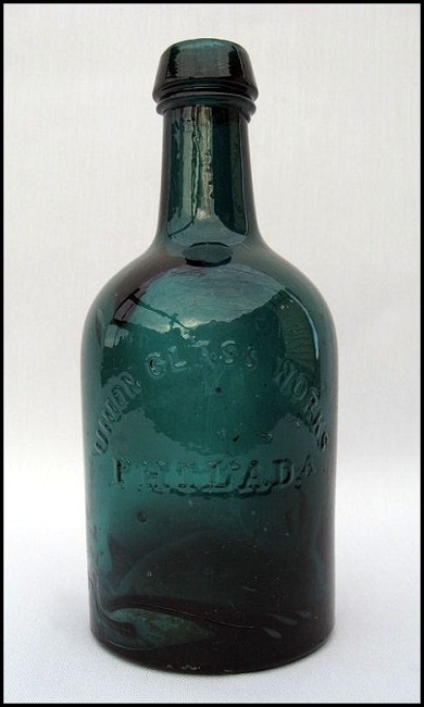 3 piece mold one fifth Dark Olive Amber Glass Whiskey Back Bar Bottle No.16 PA. c1860s-70 Dyottville Glass Works Philadelphia